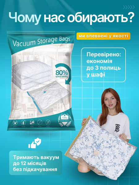 Вакуумні пакети для зберігання одягу речей набір 12 шт 50х70 60х80 80х100 з ручним насосом 120003457 фото