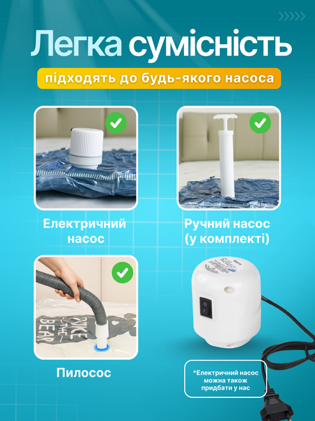 Вакуумні пакети для зберігання одягу речей набір 12 шт 50х70 60х80 80х100 з ручним насосом 120003457 фото