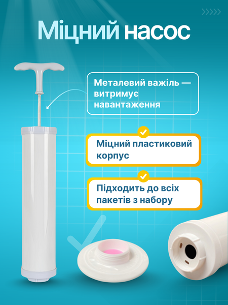 Вакуумні пакети для зберігання одягу речей набір 12 шт 50х70 60х80 80х100 з ручним насосом 120003457 фото